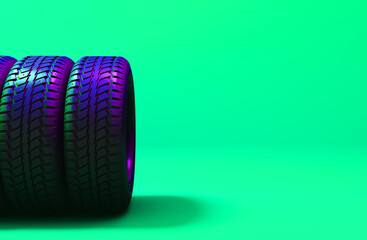 Wall Mural - New car tire profile. Tire tread. Car wheel. Black rubber automotive tire. Auto service concept, changing wheels. Tire shop. Public transport. Neon Concept. Motor sports, 3D Rendering.