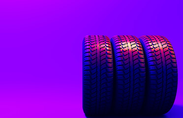 Wall Mural - New car tire profile. Tire tread. Car wheel. Black rubber automotive tire. Auto service concept, changing wheels. Tire shop. Public transport. Neon Concept. Motor sports, 3D Rendering.