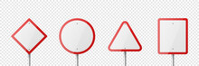 Vector White And Red Warning, Danger Stop Sign Frame Icon Set Isolated. Rhombus, Circle, Triangle, Rectangle Dangerous Sign Collection. Design Template Of Road Sign