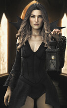 Portrait Of A Sexy Fit Caucasian Female Goth Character Portraying As A Sorceress , Vampire Or Witch , Appearing From Her Castle Chambers.Woman Has Brown Hair And Holding A Lantern.3d Rendering