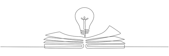 Wall Mural - light bulb above book continuous one line art drawing. line drawing open book with lamp idea symbol.