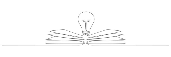 Wall Mural - light bulb above book continuous one line art drawing. line drawing open book with lamp idea symbol.