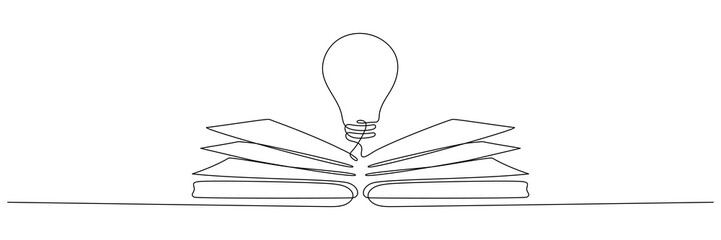 Wall Mural - light bulb above book continuous one line art drawing. line drawing open book with lamp idea symbol.