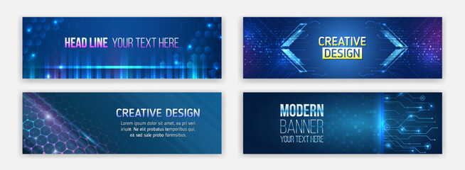 Wall Mural - Set banner templates for websites. Abstract social media cover design. Horizontal header web background. High tech design with technological elements. Science and digital technology concept.