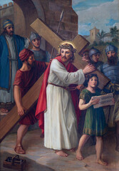 Canvas Print - VARALLO, ITALY - JULY 17, 2022: The painting  Jesus takes up his Cross as part of Cross way in the church Basilica del Sacro Monte by Emilio Contini from 20. cent.