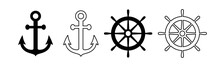 Anchor And Helm Ship Icon. Black Silhouette Wheel And Anchor Isolated On White Background. Simple Outline For Design Travel Print. Sailing Graphic Elements. Sea Symbol Steering. Vector Illustration