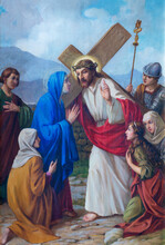 VARALLO, ITALY - JULY 17, 2022: The Painting Jesus Meets The Women Of Jerusalem As Part Of Cross Way In The Church Basilica Del Sacro Monte By Emilio Contini From 20. Cent.