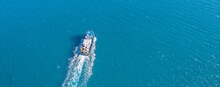 Concept Banner Industry Boat Service At Marina. Inland Cargo Ship In Blue Sea Water Or River, Aerial Top View