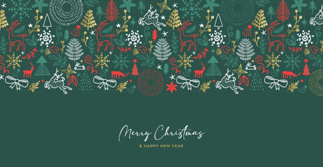 Merry Christmas and New Year hand drawn doodle green banner illustration