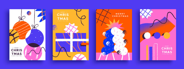 Wall Mural - Merry christmas and new year abstract retro 90s cartoon shape card collection