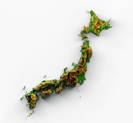 Poster - 3d rendering of a Japan map with shaded relief isolated on white background