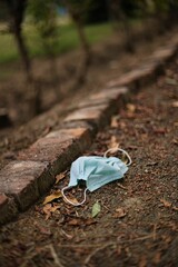 Poster - Old face mask on the ground with autumn leaves