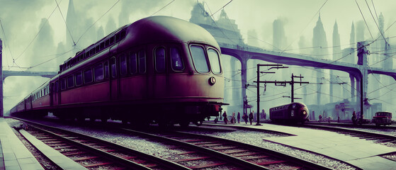 Wall Mural - Artistic concept illustration of a retro fantasy train in the city, background illustration.