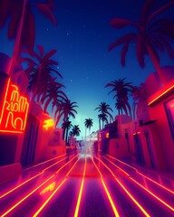 night time neon, Art Deco, in  island, palm trees, crystal clear neon water