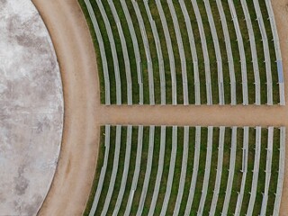  Aerial view of a park with rows of seats