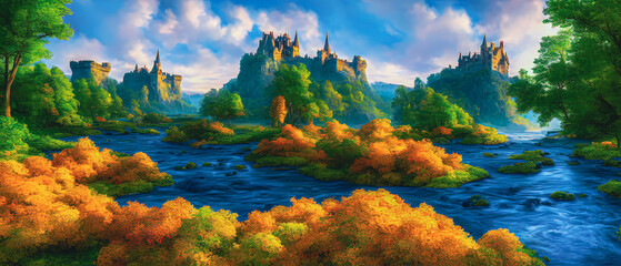 Wall Mural - Artistic concept painting of a beautiful wilderness landscape, with a picturesque castle in the background. Tender and dreamy design, background illustration.