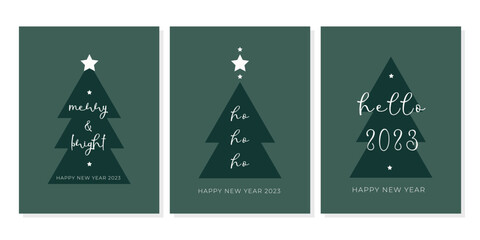 Wall Mural - Set trendy Happy New Year greeting cards ho ho ho Merry Christmas template Minimalistic design green boho