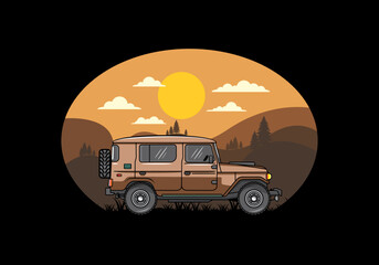 Wall Mural - Off road car infront of mountain landscape illustration