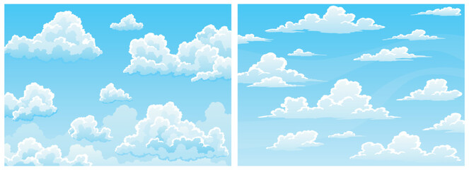 cloudscape sky cartoon background set . light blue daytime sky with white fluffy clouds. heaven with
