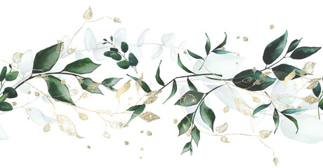 Watercolor painted floral frame. Arrangement with branches, leaves and gold elements. Cut out hand drawn PNG illustration on transparent background. Watercolour clipart drawing.