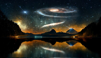 Wall Mural - starry night at sea star fall and moon on dark sky milky way reflection and mountains and rock on ho