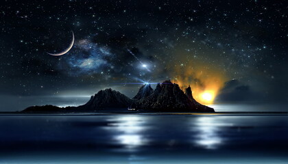 Wall Mural - starry night at sea star fall and moon on dark sky milky way reflection and mountains and rock on ho