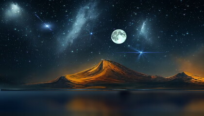 Wall Mural - starry night at sea star fall and moon on dark sky milky way reflection and mountains and rock on ho