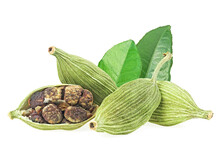 Cardamom Pods And Seeds With Green Leaves Isolated On A White Background