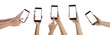 © Pixel-Shot - Set of hands holding mobile phones with blank screens on white background