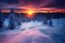 Winter Sunset In A Winter Wonderland Landscape With Plenty Of Snow And Snow Covered Trees, Generative Ai