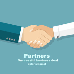 Wall Mural - Handshake men and women. Handshake of business people partners businessmen and businesswomen. Hand shaking meeting agreement. Vector flat design. Symbol of successful transaction.