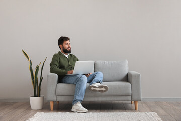 Wall Mural - Handsome bearded man using laptop on grey sofa near light wall