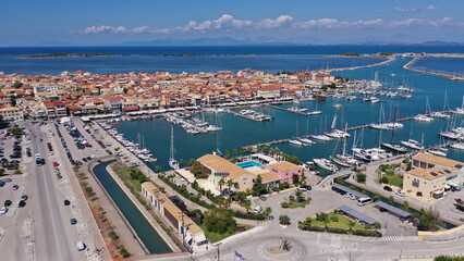 Wall Mural - Aerial drone photo of famous marina of Lefkada island town with anchored yachts and sailboats, Ionian, Greece