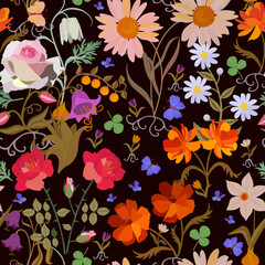 Wall Mural - Layered seamless pattern for fabric with roses, bluebells, daisies, daffodils, cosmos flowers and fluttering butterflies on a black background. Romantic summer vector print.