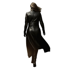 Wall Mural - Woman walking running away wearing a black trench coat. Black leather coat. Pretty brunette mysterious woman back view. Transparent background. Isolated clipping path. 