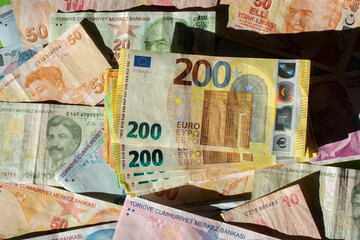 Wall Mural - Euro, currency of European Union and Turkish Lira Financial background.