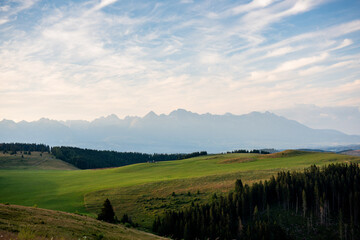 High Tatras from Panska Hola, Low Tatras National Park Slovakia.Green meadows and mountains in the background.