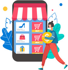 Wall Mural - online shopping on mobile application vector concept. with store bag and gift box. girl with coin an