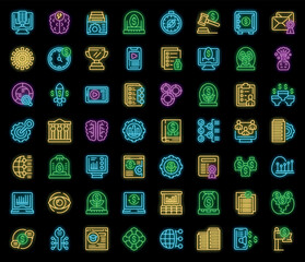 Sticker - Business incubator icons set outline vector. Smart invest. Money save neon color on black