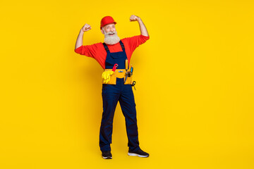 Wall Mural - Full size photo of successful retired workman show biceps master fix reconstruction isolated on bright color background