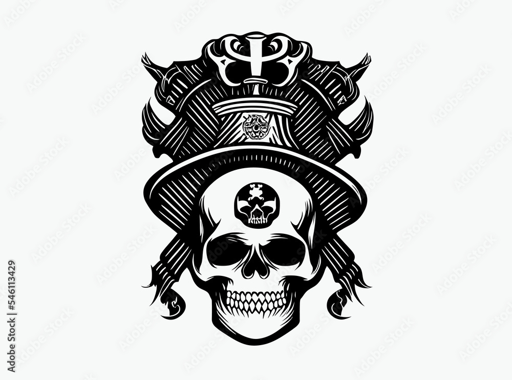Pirate skull in pirate hat, sketch vector illustration, Vintage skull ...