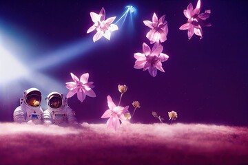 a fictional person, not based on a real person. two astronauts in love in a flower field. high-tech 