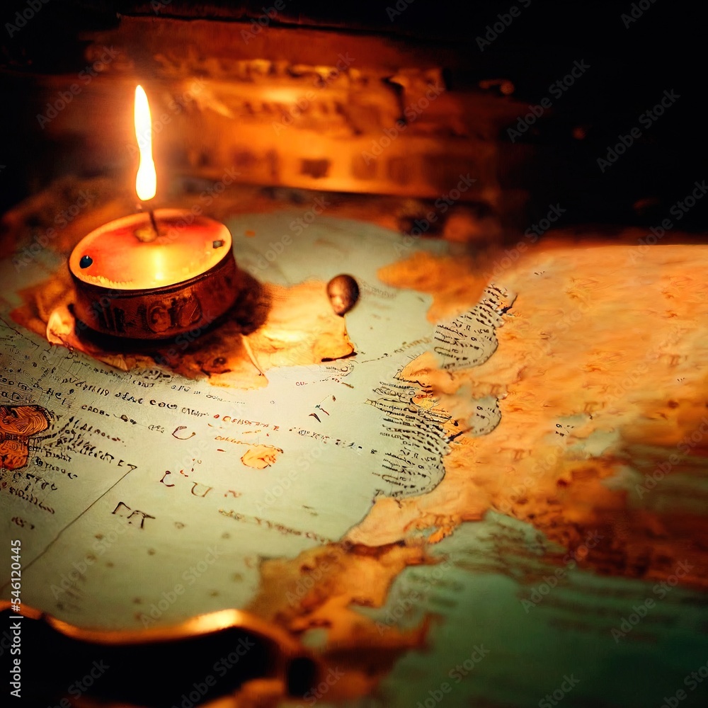 ภาพประกอบ Stock An ancient pirate map in the cabin of a pirate ship ...