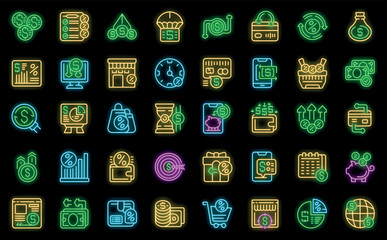 Wall Mural - Cashback service icons set outline vector. Cash money. Coin earn neon color on black