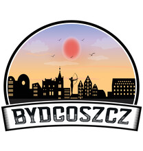 Bydgoszcz Poland Skyline Sunset Travel Souvenir Sticker Logo Badge Stamp Emblem Coat Of Arms Vector Illustration EPS