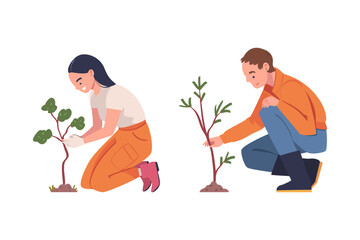 Wall Mural - Man and Woman Character Planting Tree Sapling in Soil Taking Care of Planet and Nature Vector Set