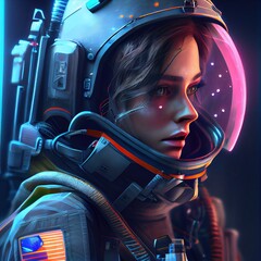 Wall Mural - A fictional person, not based on a real person. Portrait of an fictional astronaut in a spacesuit. High-tech astronaut from the future. The concept of space travel. . Generative AI