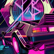 Image Of A Retro Car From The 80's In Synthwave Style. Retro Poster From The 80's In Neon. 3D Rendering