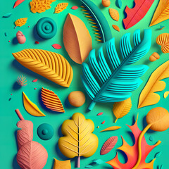 knolling illustration of tree leaves squishy puffy texture in cozy colors