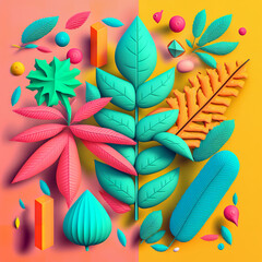 knolling illustration of tree leaves squishy puffy texture in cozy colors